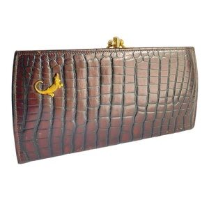 Vintage Alligator Cowhide Leather Wallet Large‎ Long Continental Brown Embossed